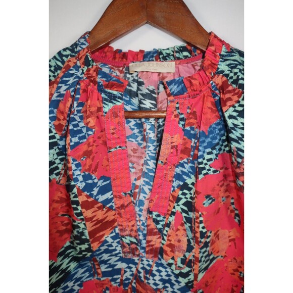 Ulla Johnson Flamingo Tillie Top Cotton Poplin Puff Sleeves Split Neck Multi 2 - Picture 6 of 11